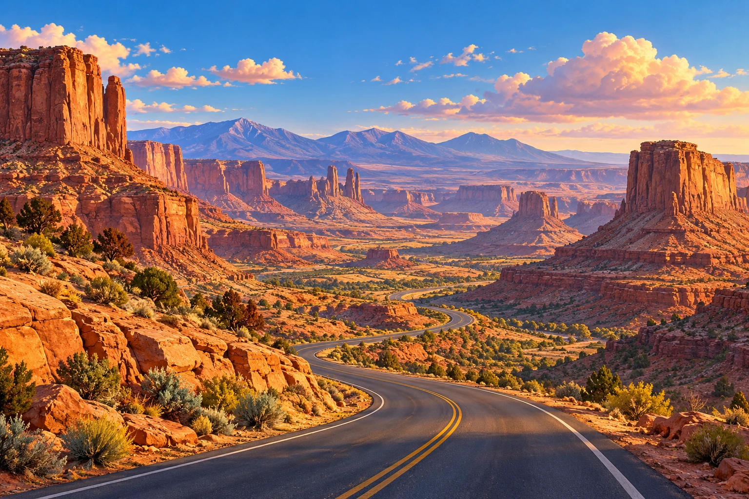 Illustrated road winding through red desert mesas in an imagined American Southwest landscape